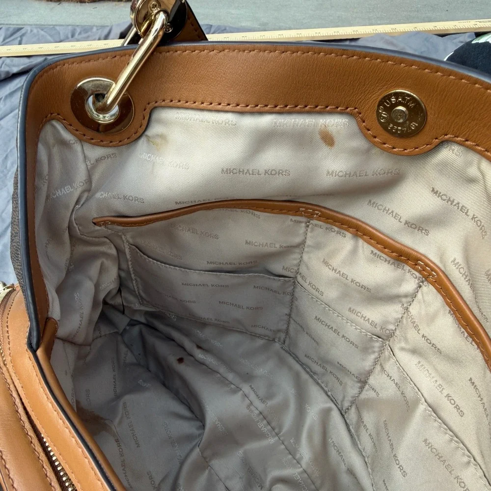 Michael Kors Brown Signature MK PVC Shoulder Tote Bag Acorn Leather Trim Large